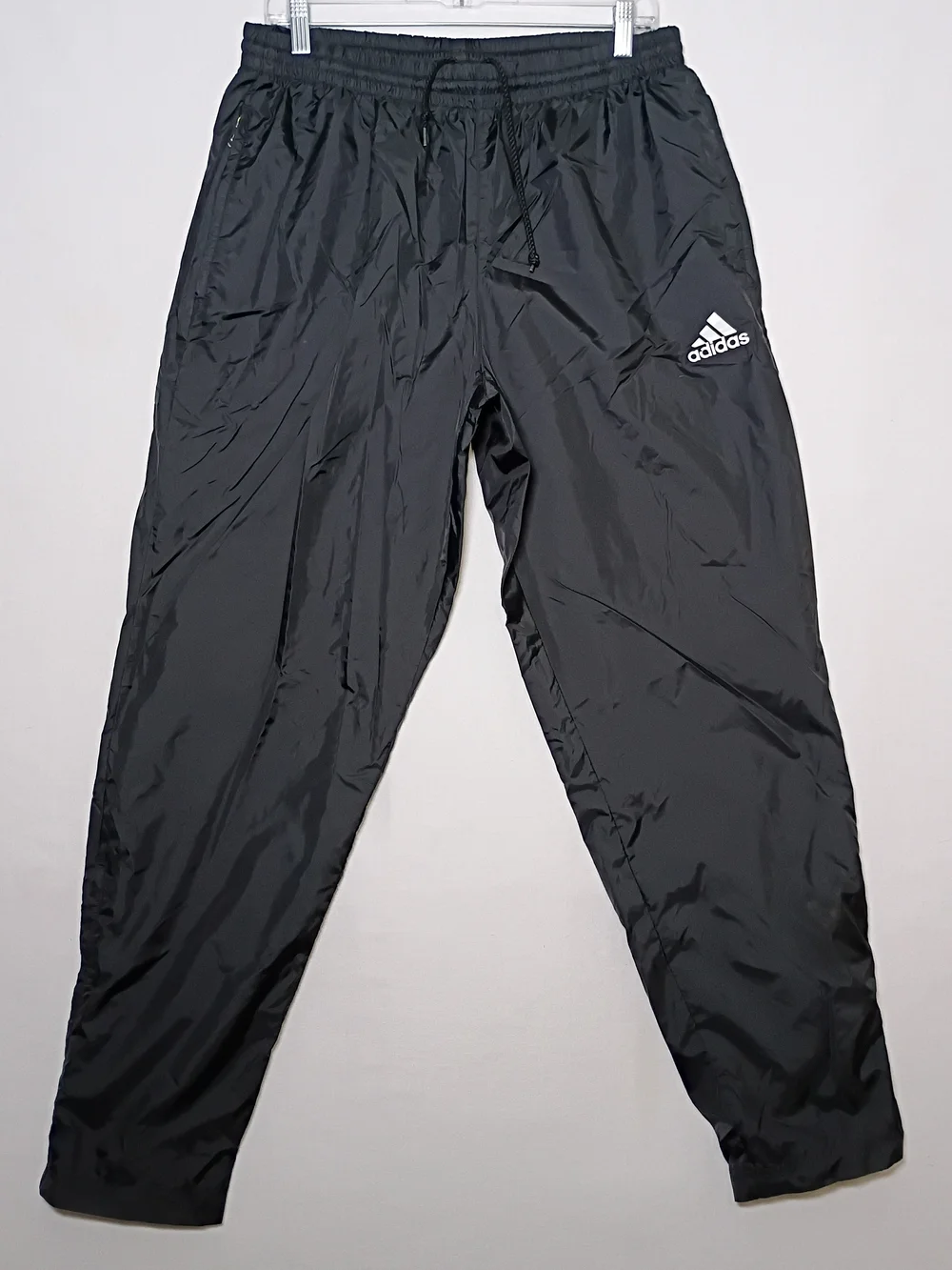 Y2K Adidas Mens Nylon Track Pants Large Black Lined Snaps Zip Ankles 32X32